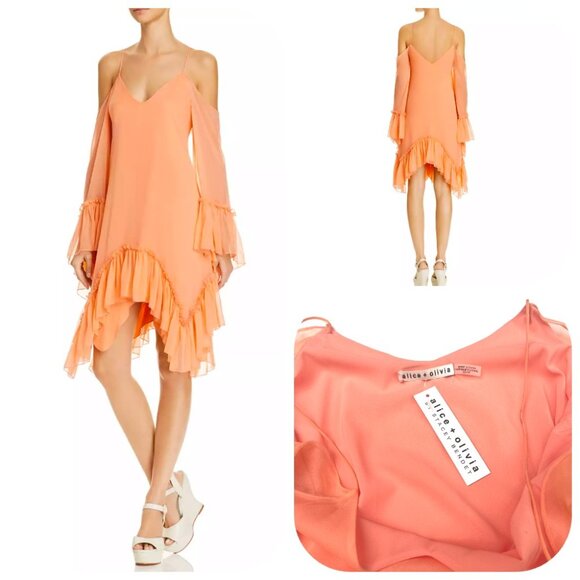 NWT ALICE & OLIVIA Ilaria 100% silk PEACH RUFFLED DRESS